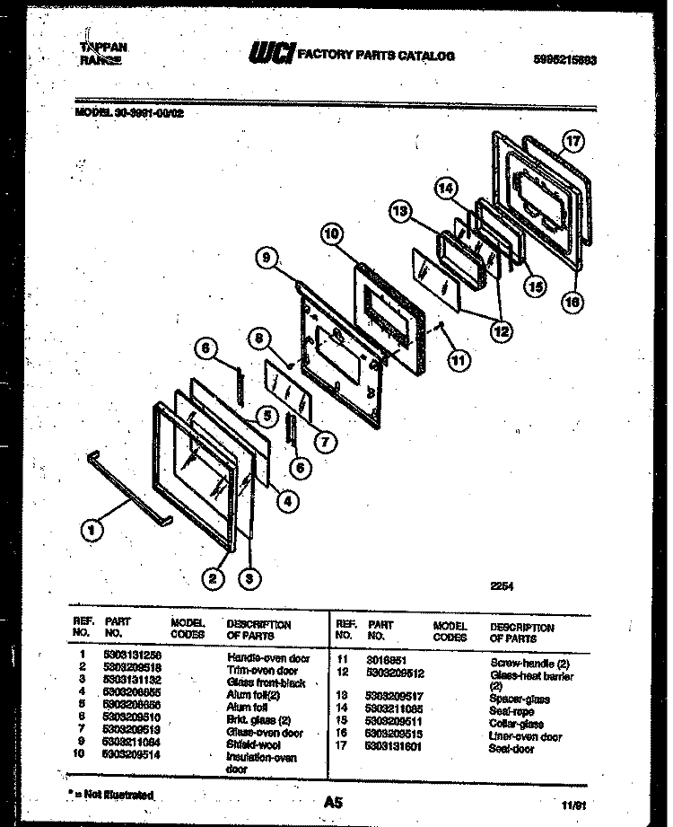DOOR PARTS Diagram and Parts List for 30-3991-00-02  Tappan Range
