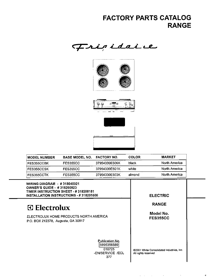 COVER Diagram and Parts List for FES355CCTK  Frigidaire Range