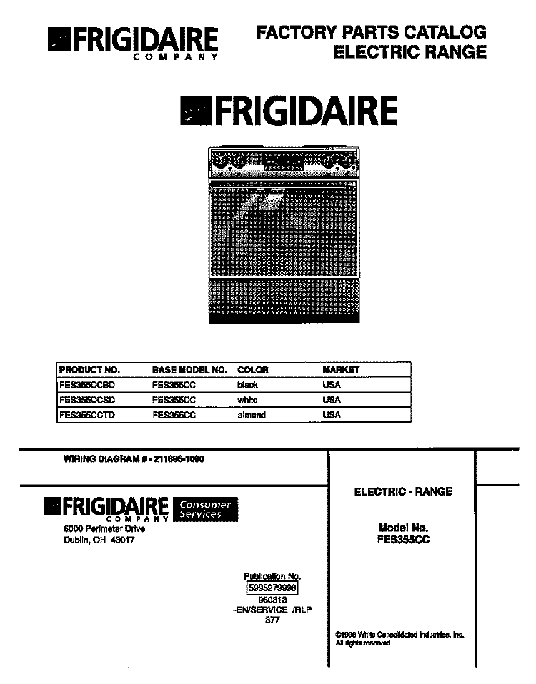 COVER Diagram and Parts List for FES355CCSD  Frigidaire Range