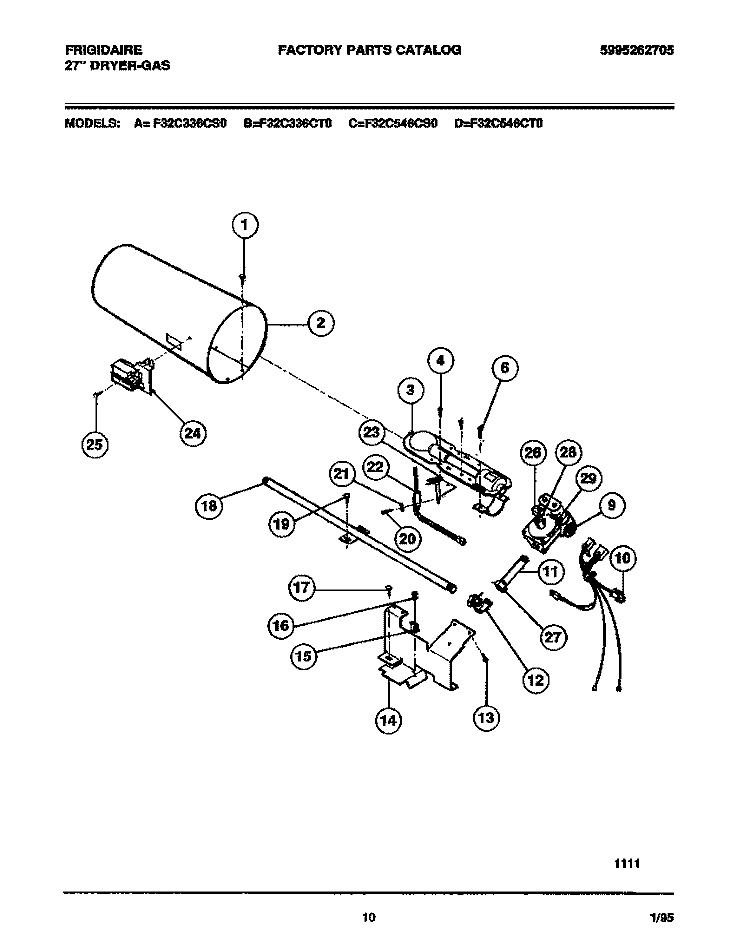 GAS VALVE, BURNER ASMY., SENSOR Diagram and Parts List for F32C336CS0  Frigidaire Dryer