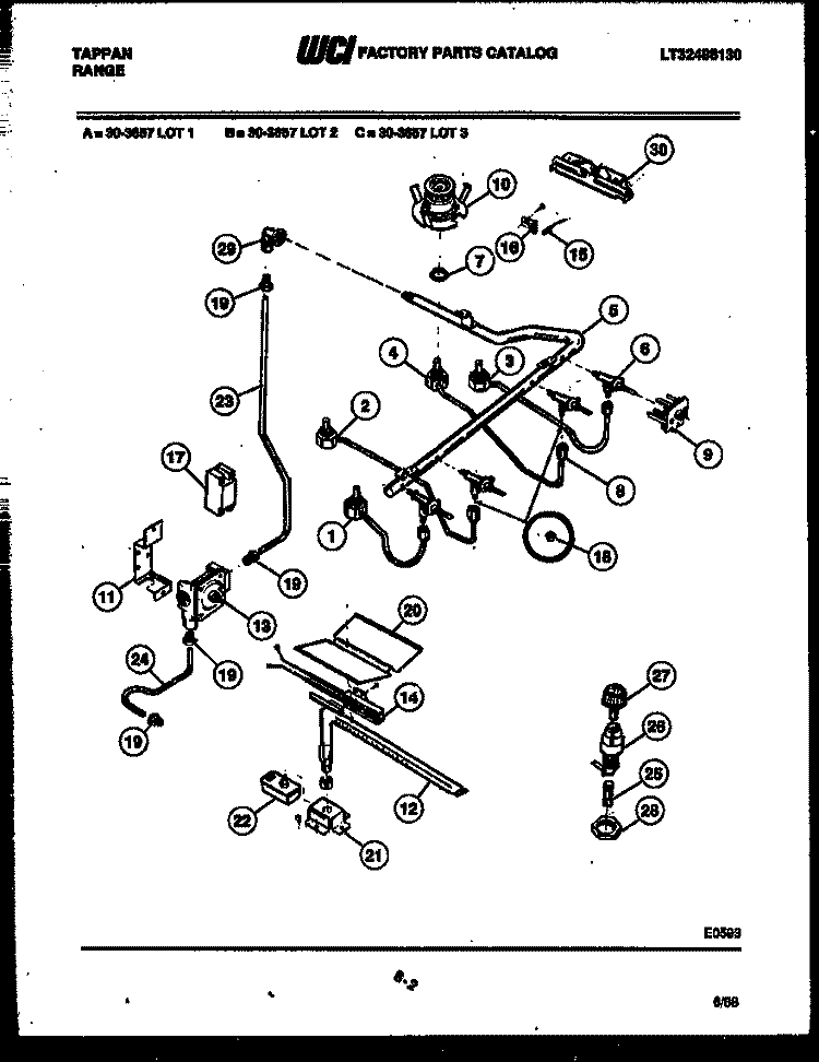 BURNER, MANIFOLD AND GAS CONTROL Diagram and Parts List for 30-3657-00-03  Tappan Range