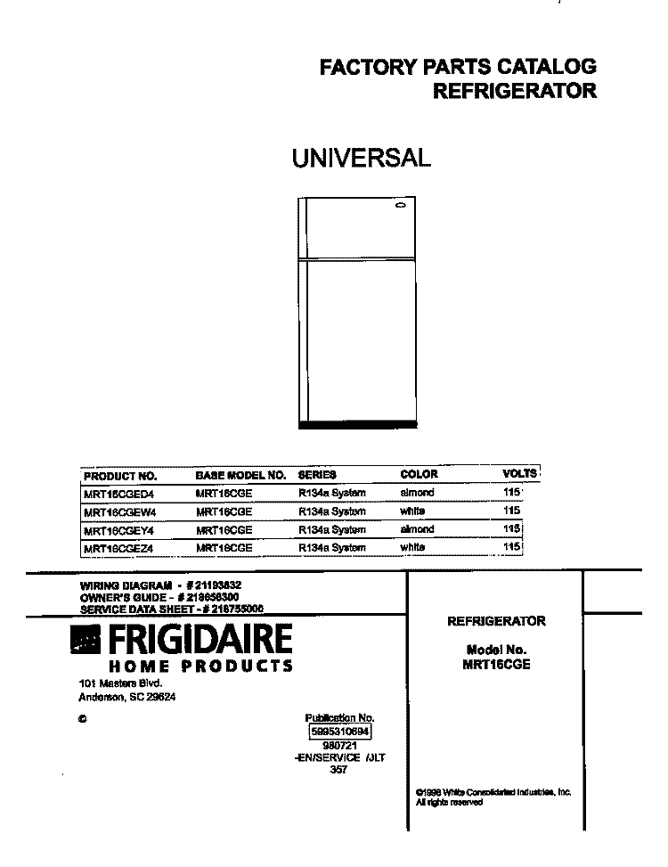 COVER Diagram and Parts List for MRT16CGEW4  Frigidaire Refrigerator