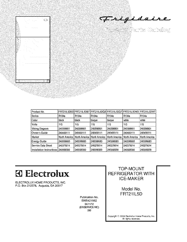 COVER Diagram and Parts List for FRT21IL5DB7  Frigidaire Refrigerator
