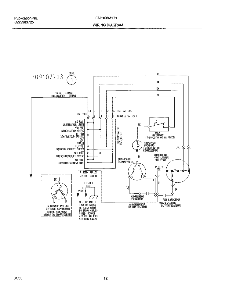 WIRING DIAGRAM Diagram and Parts List for FAH106M1T1  Frigidaire Air Conditioner