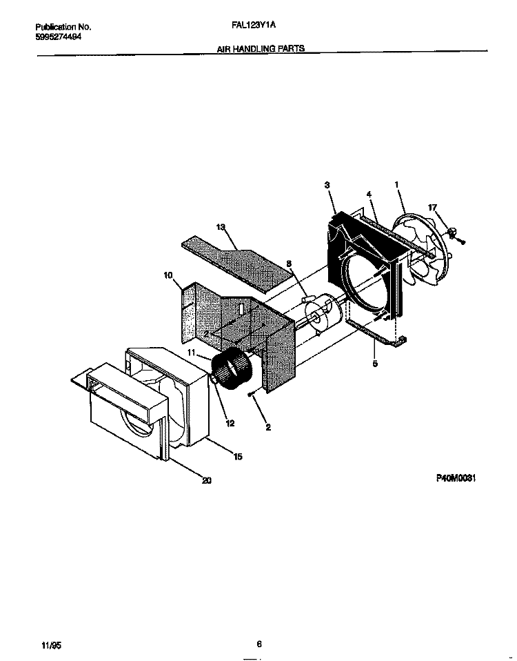 AIR HANDLING PARTS Diagram and Parts List for FAL123Y1A1  Frigidaire Air Conditioner