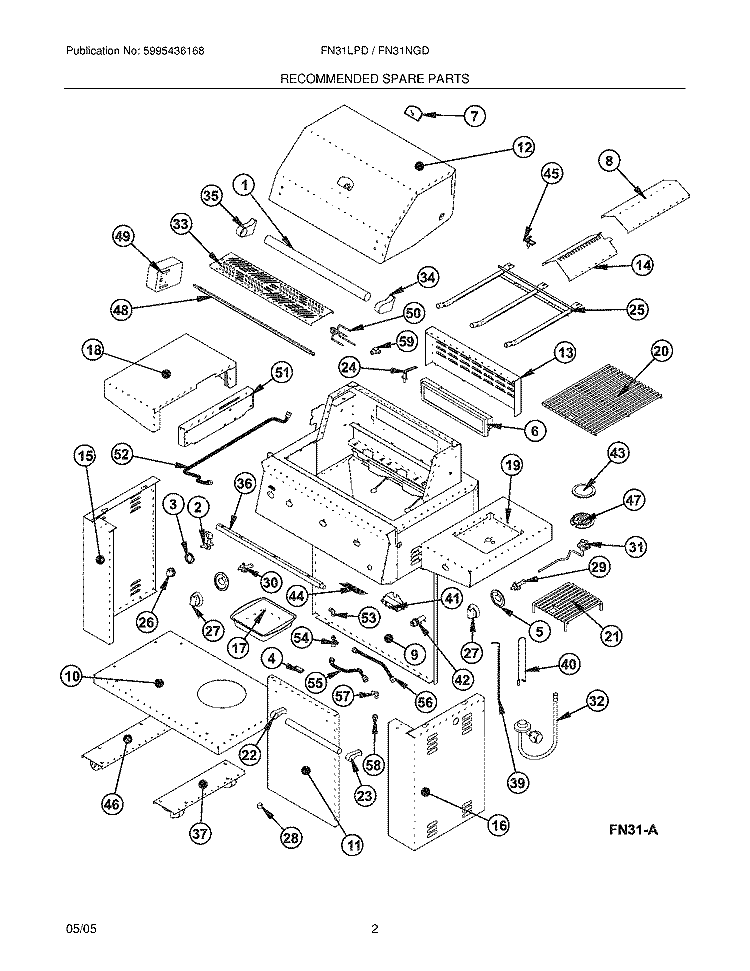 RECOMMENDED SPARE PARTS Diagram and Parts List for FN31LPDC  Frigidaire Grill