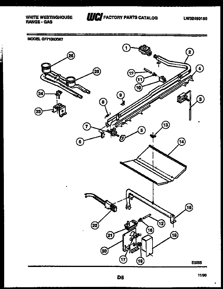 BURNER, MANIFOLD AND GAS CONTROL Diagram and Parts List for GF710HXD7  Frigidaire Range