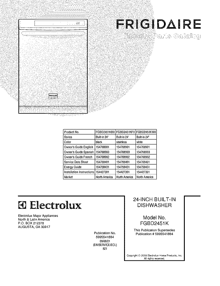 COVER Diagram and Parts List for FGBD2451KF0  Frigidaire Dishwasher