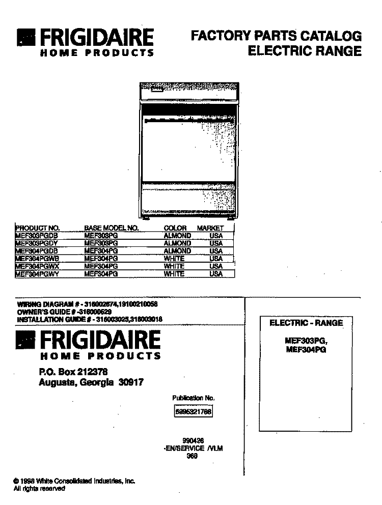 COVER Diagram and Parts List for MEF303PGDY  Frigidaire Range