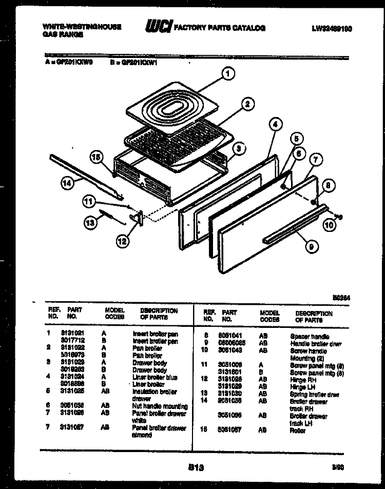 BROILER DRAWER PARTS Diagram and Parts List for GF201KXD1  Frigidaire Range