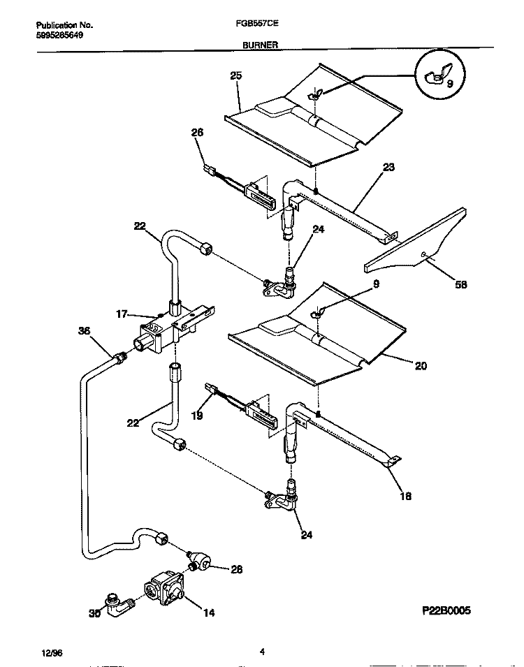 BURNER Diagram and Parts List for FGB557CESA  Frigidaire Wall Oven