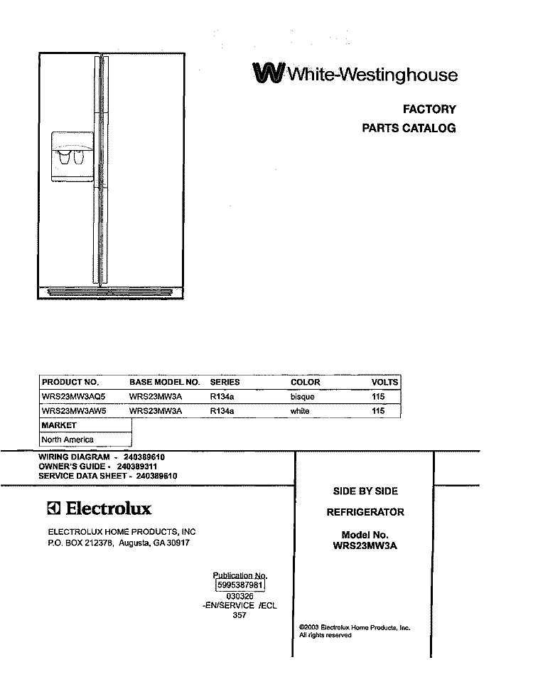 COVER Diagram and Parts List for WRS23MW3AW5  Westinghouse Refrigerator