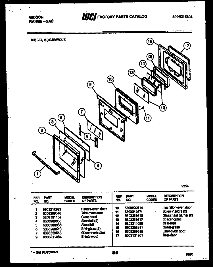DOOR PARTS Diagram and Parts List for CGC4S8WXE  Gibson Range