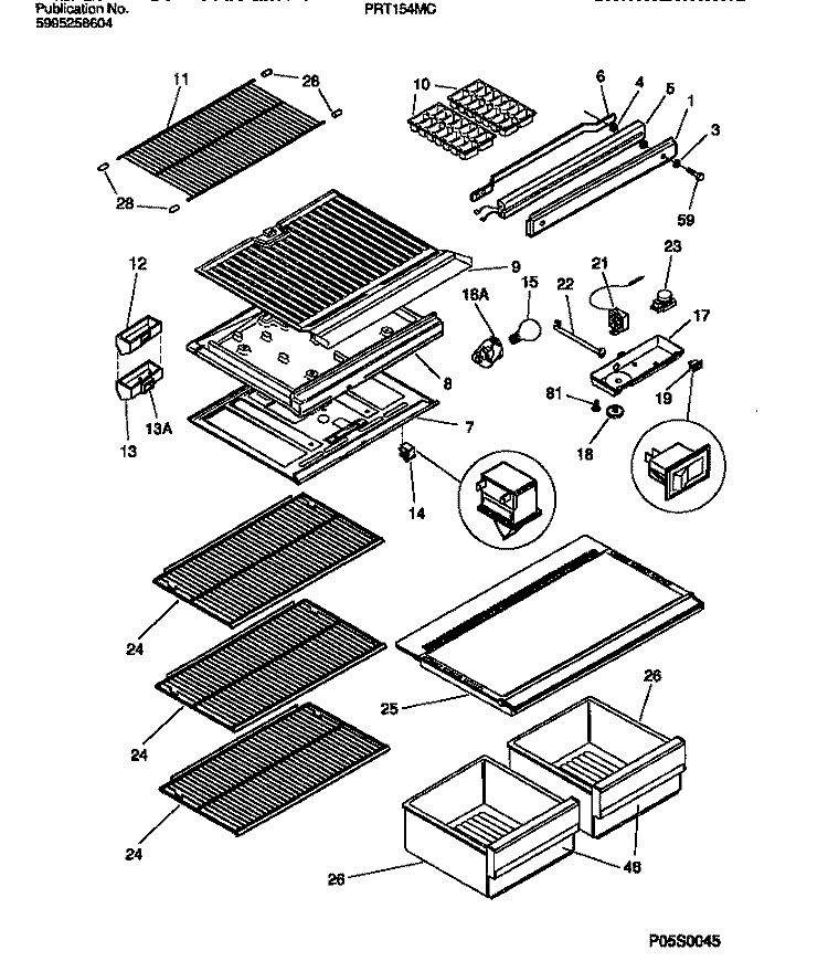SHELVES, CONTROLS, DIVIDER, MULLION Diagram and Parts List for PRT154MCD4  Frigidaire Refrigerator