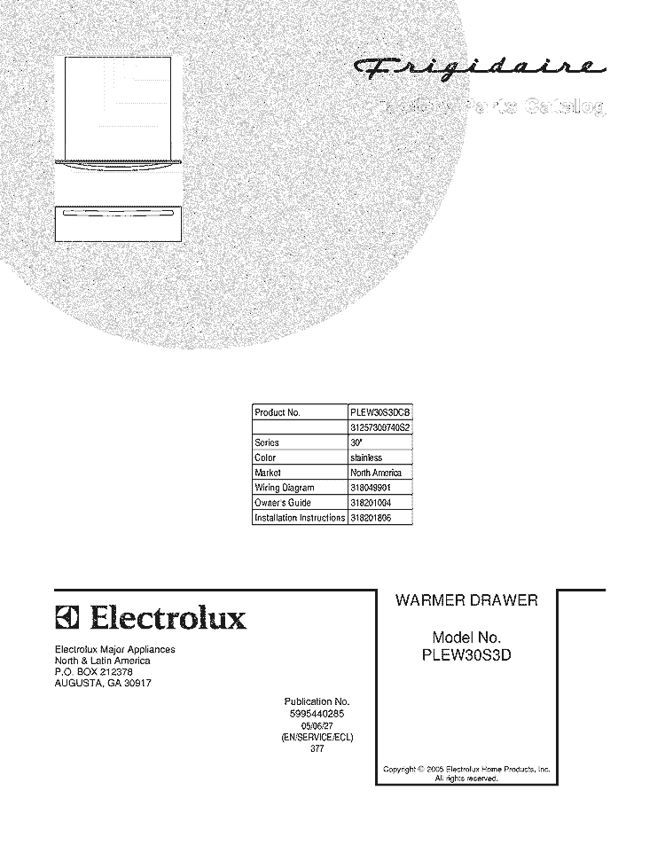 COVER Diagram and Parts List for PLEW30S3DCB  Frigidaire Warming Drawer