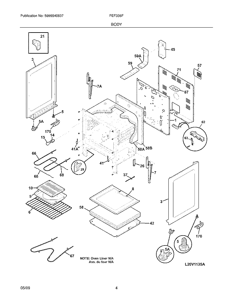 BODY Diagram and Parts List for FEF336FME  Frigidaire Range