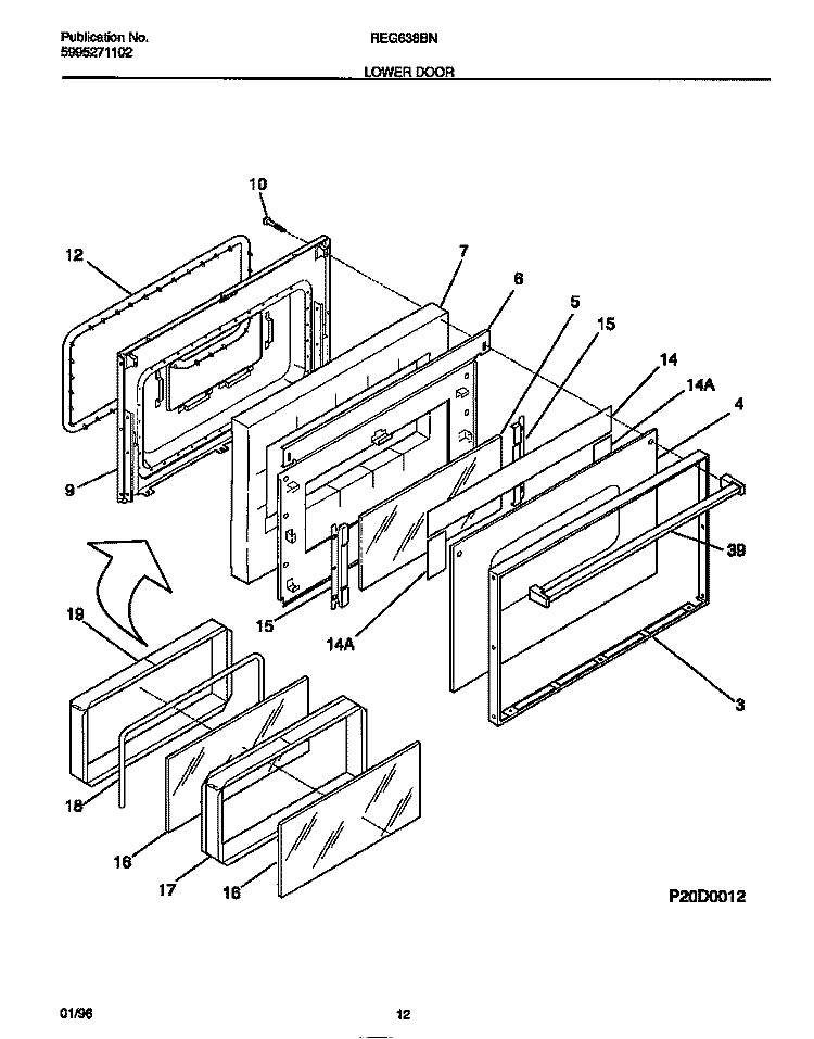 LOWER DOOR Diagram and Parts List for REG638BNW5  Frigidaire Range