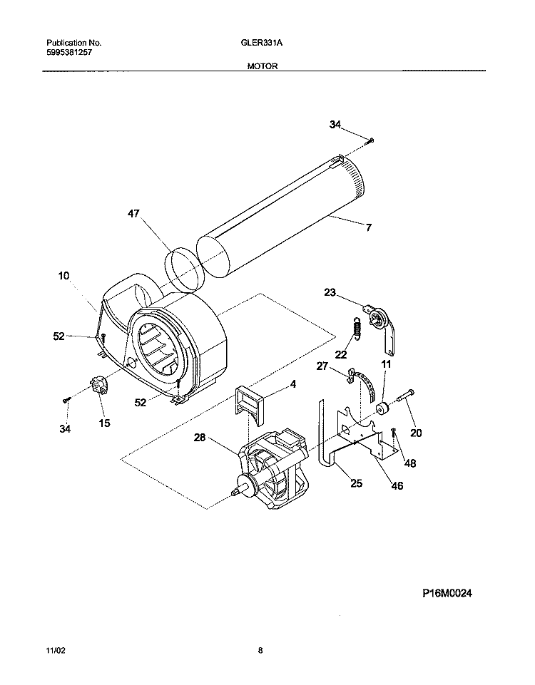 MOTOR Diagram and Parts List for GLER331AQ2  Frigidaire Dryer
