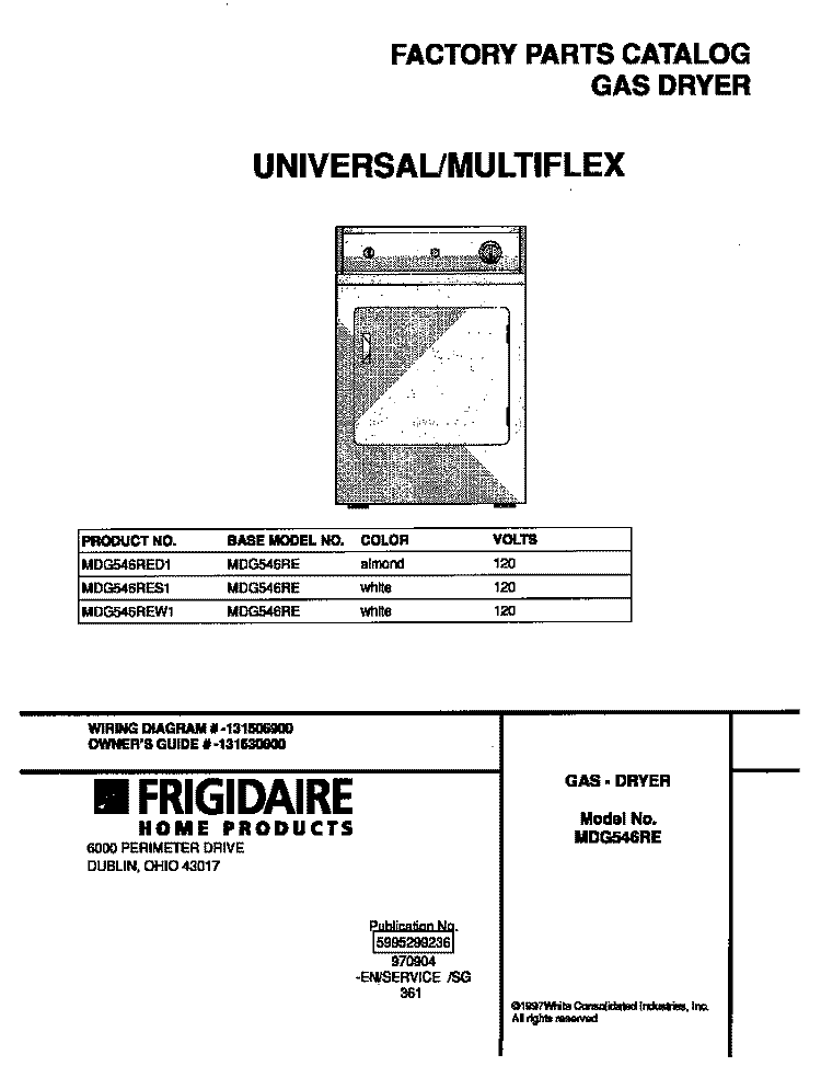 COVER Diagram and Parts List for MDG546RED1  Frigidaire Dryer