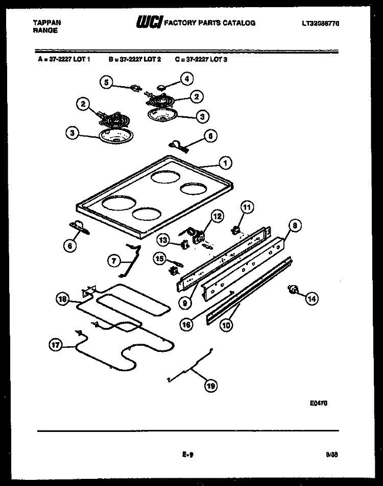 COOKTOP, BROILER AND BACKGUARD Diagram and Parts List for 37-2227-23-01  Tappan Range