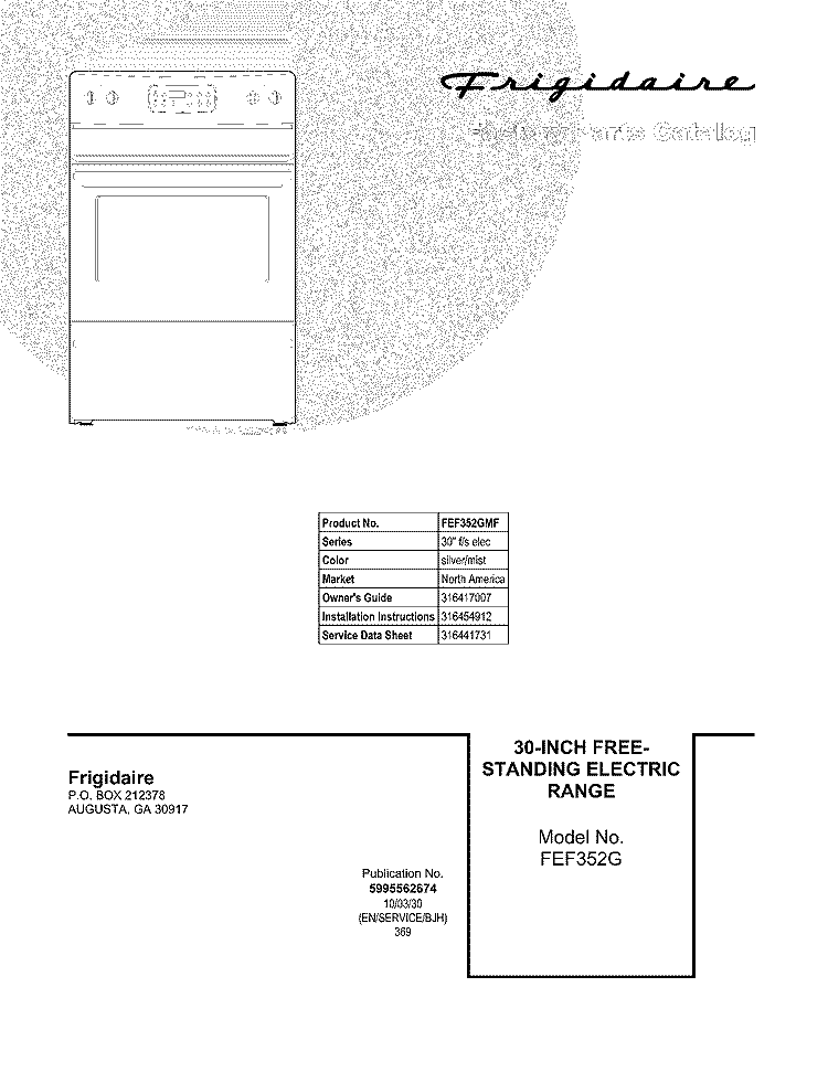 COVER Diagram and Parts List for FEF352GMF  Frigidaire Range