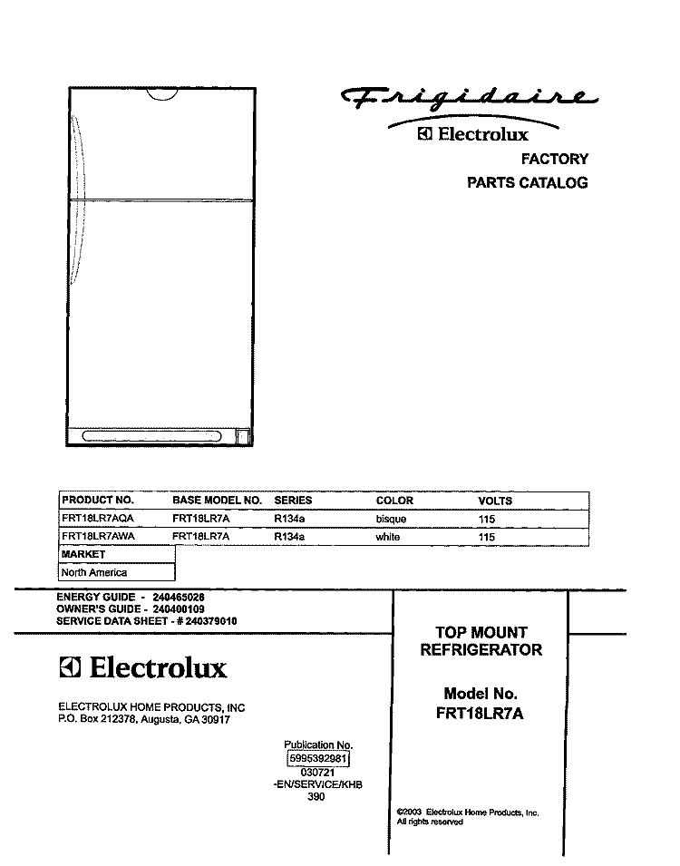 COVER Diagram and Parts List for FRT18LR7AQA  Frigidaire Refrigerator
