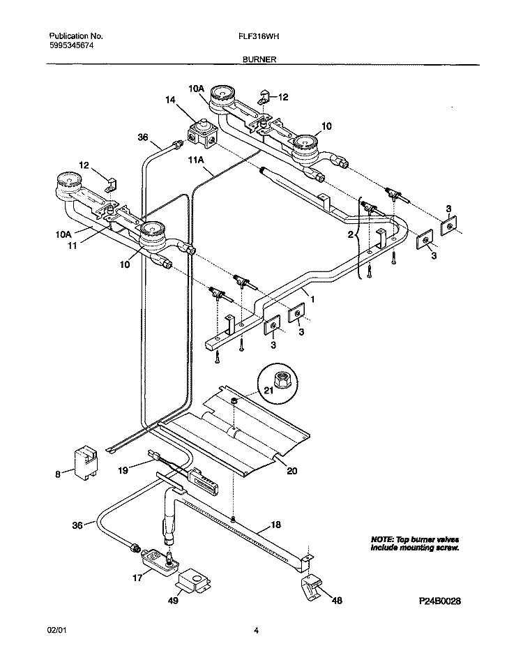 BURNER Diagram and Parts List for FLF316WHSA  Frigidaire Range