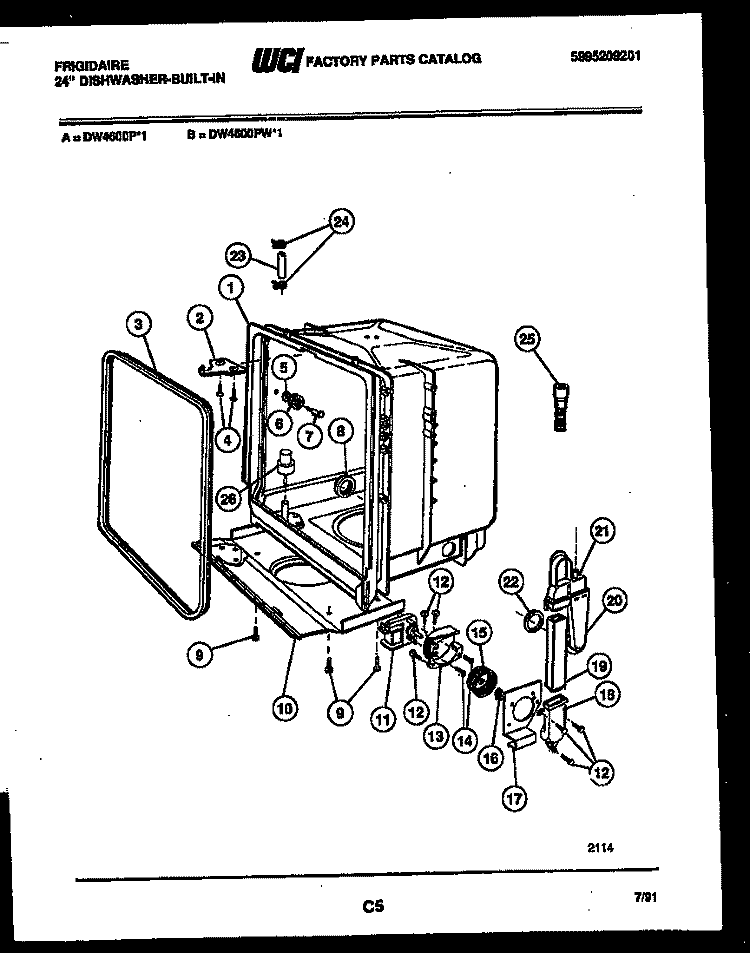 TUB AND FRAME PARTS Diagram and Parts List for DW4600PW1  Frigidaire Dishwasher