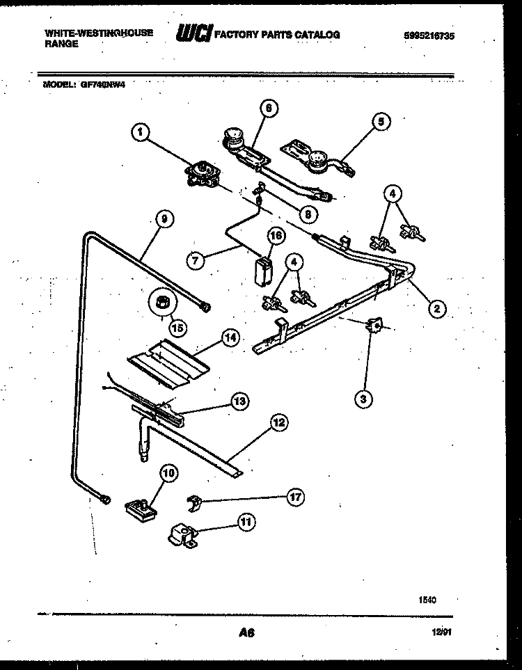 BURNER, MANIFOLD AND GAS CONTROL Diagram and Parts List for GF740ND4  Frigidaire Range