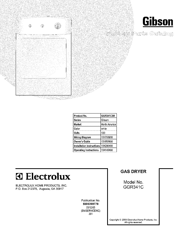 COVER Diagram and Parts List for GGR341CS0  Gibson Dryer