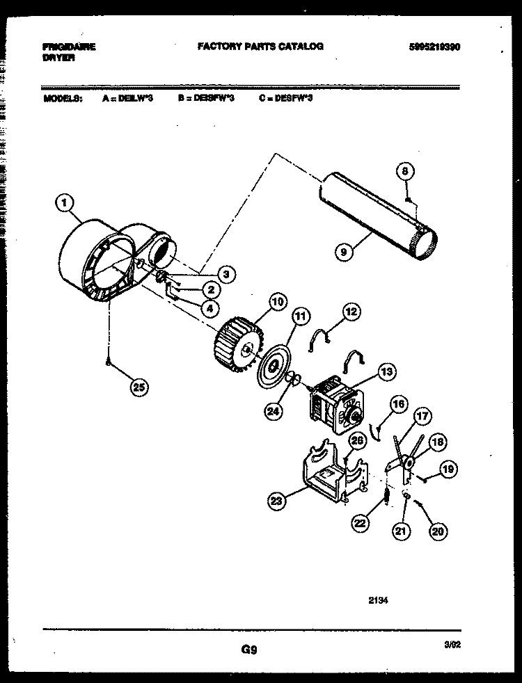 BLOWER AND DRIVE PARTS Diagram and Parts List for DEISFL3  Frigidaire Dryer