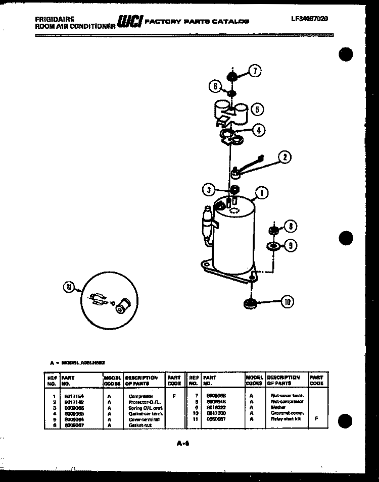 COMPRESSOR PARTS Diagram and Parts List for A06LH5E2  Frigidaire Air Conditioner
