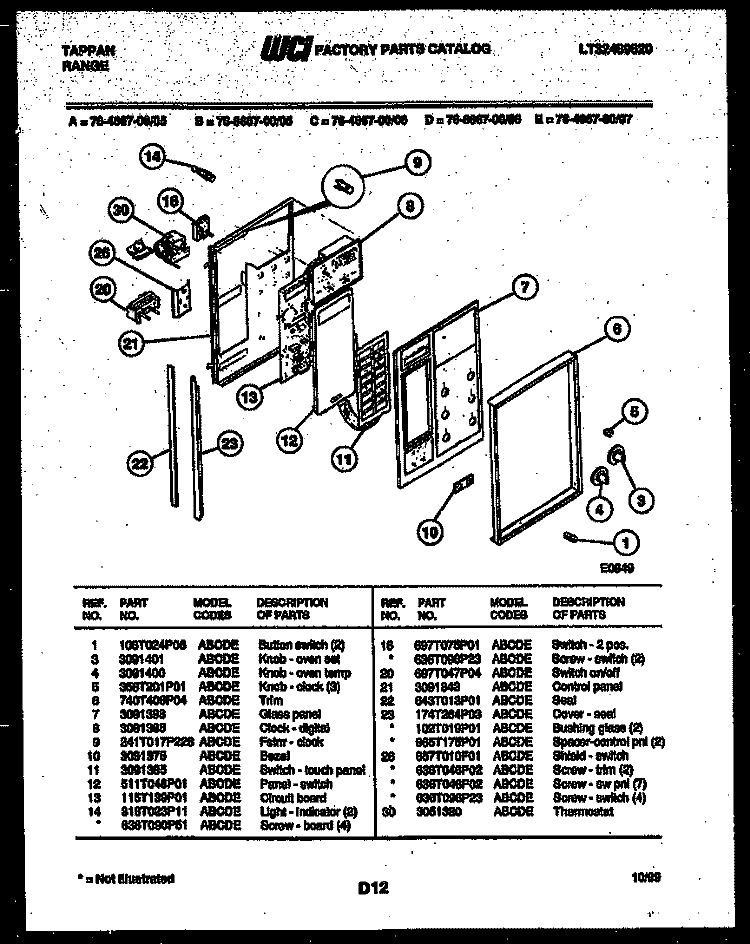 CONTROL PANEL Diagram and Parts List for 76-4667-32-06  Tappan Microwave Oven Combo