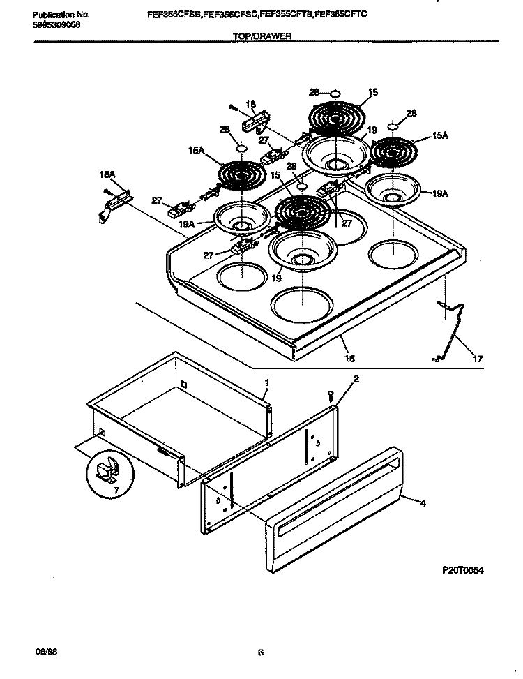 TOP / DRAWER Diagram and Parts List for FEF355CFSC  Frigidaire Range