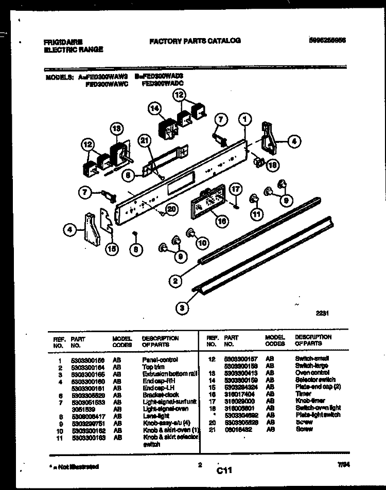 CONTROL PANEL Diagram and Parts List for FED300WAW3  Frigidaire Range