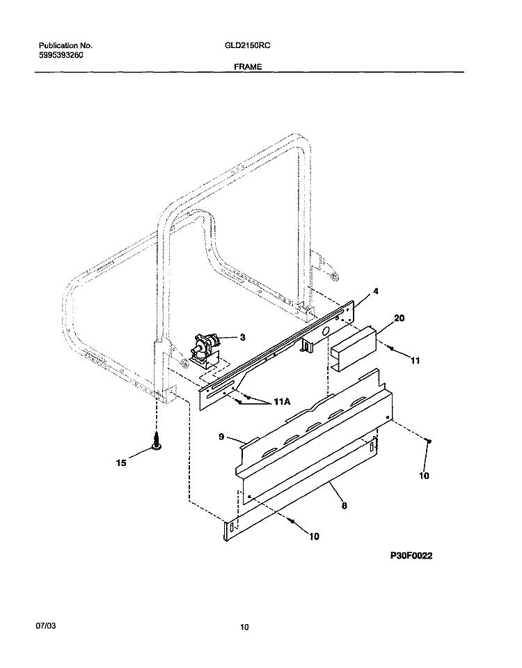 FRAME Diagram and Parts List for GLD2150RCB0  Frigidaire Dishwasher