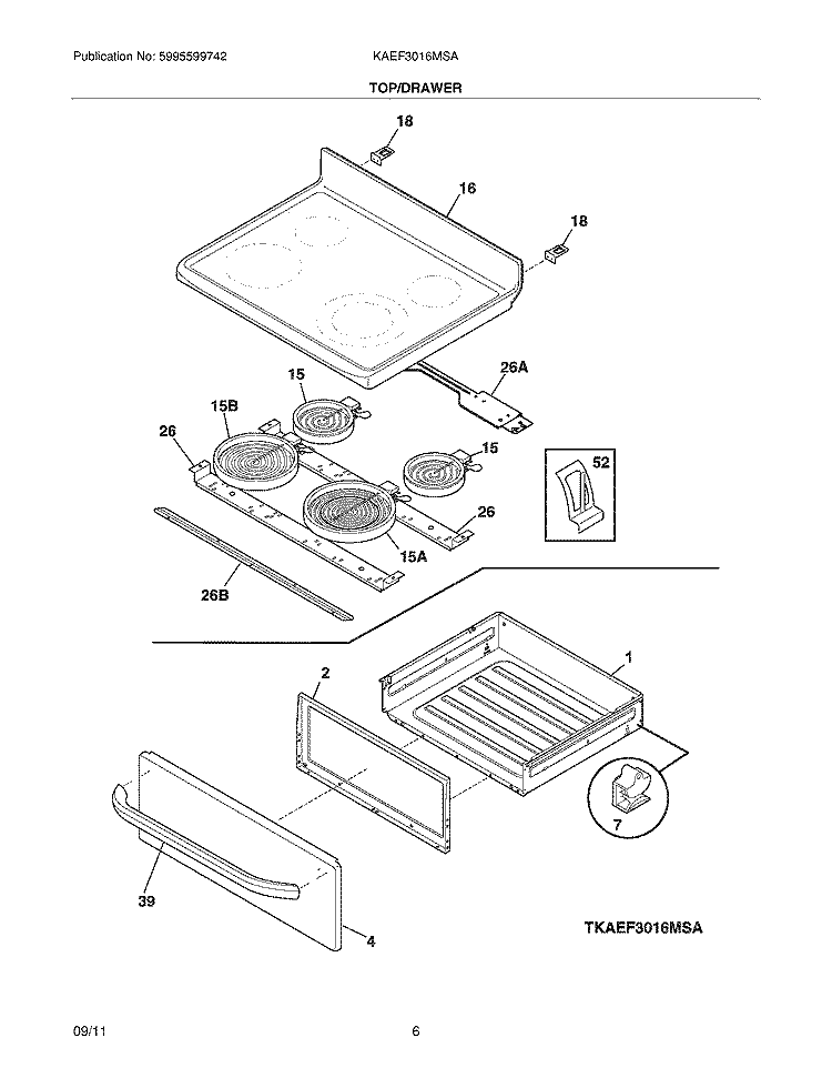 TOP/DRAWER Diagram and Parts List for KAEF3016MSA  Kelvinator Range