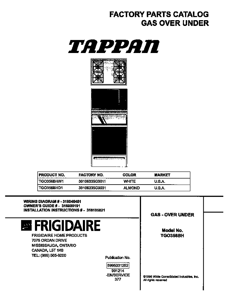 COVER Diagram and Parts List for TGO356BHD1  Frigidaire Range