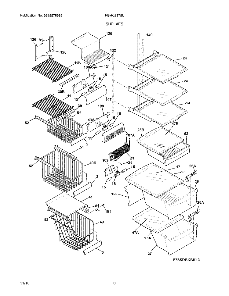 SHELVES Diagram and Parts List for FGHC2378LE1  Frigidaire Refrigerator