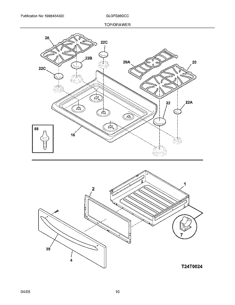 TOP / DRAWER Diagram and Parts List for GLGFS86DCC  Frigidaire Range