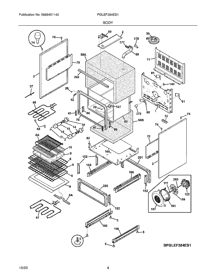 BODY Diagram and Parts List for PGLEF384ES1  Frigidaire Wall Oven