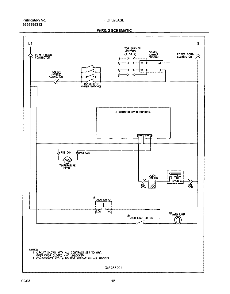 WIRING SCHEMATIC Diagram and Parts List for FGF326ASE  Frigidaire Range