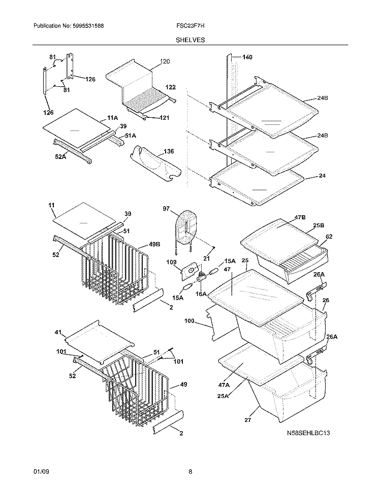 SHELVES Diagram and Parts List for FSC23F7HW9  Frigidaire Refrigerator
