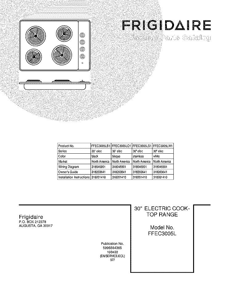 COVER Diagram and Parts List for FFEC3005LS1  Frigidaire Cooktop