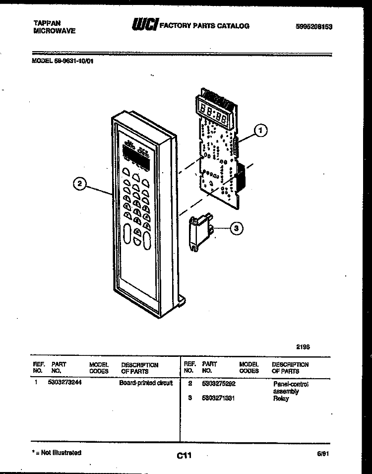CONTROL PANEL Diagram and Parts List for 56-9631-10-01  Tappan Microwave