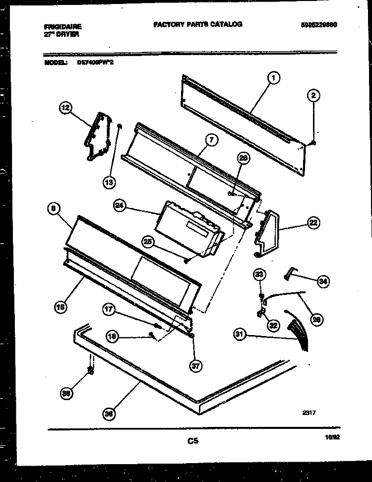 CONSOLE AND CONTROL PARTS Diagram and Parts List for DE7400PW2  Frigidaire Dryer