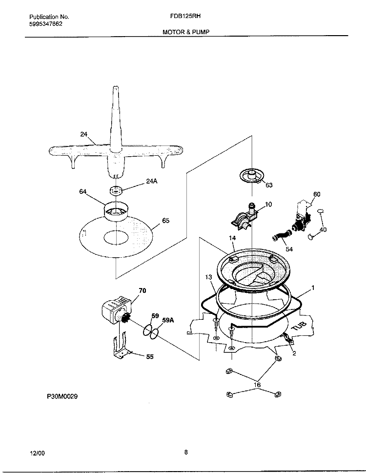 MOTOR & PUMP Diagram and Parts List for FDB125RHB1  Frigidaire Dishwasher