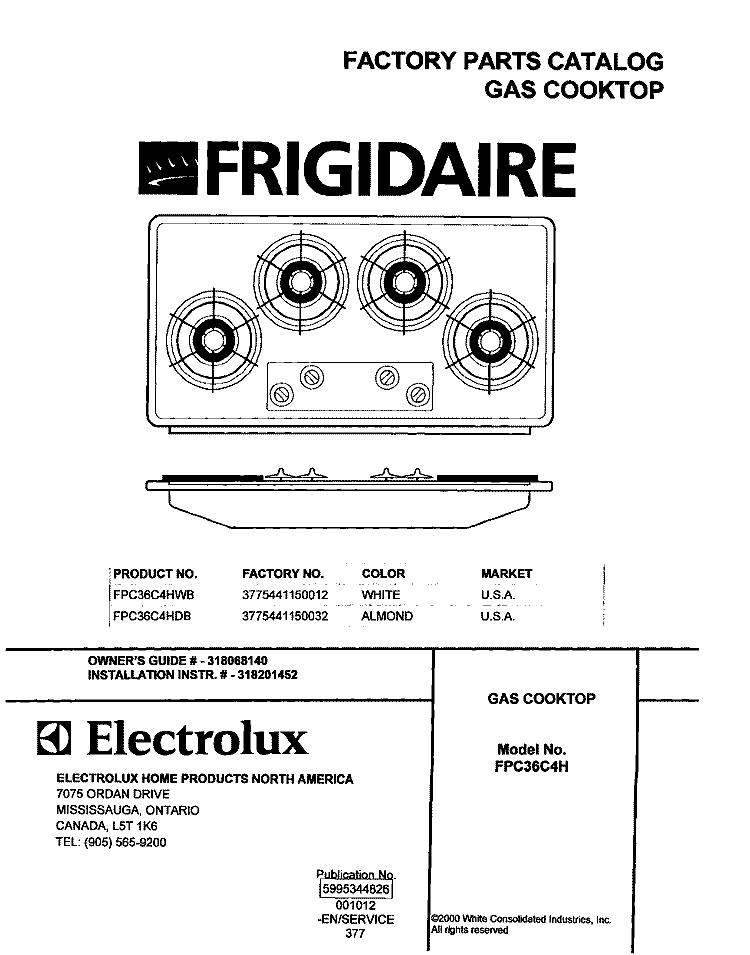 COVER Diagram and Parts List for FPC36C4HWB  Frigidaire Cooktop