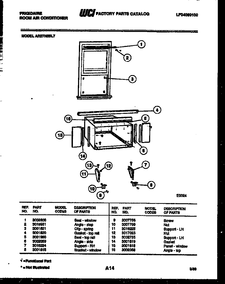 WINDOW MOUNTING PARTS Diagram and Parts List for AR27NS5L7  Frigidaire Air Conditioner