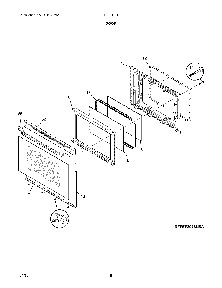 DOOR Diagram and Parts List for FFEF3013LWA  Frigidaire Range